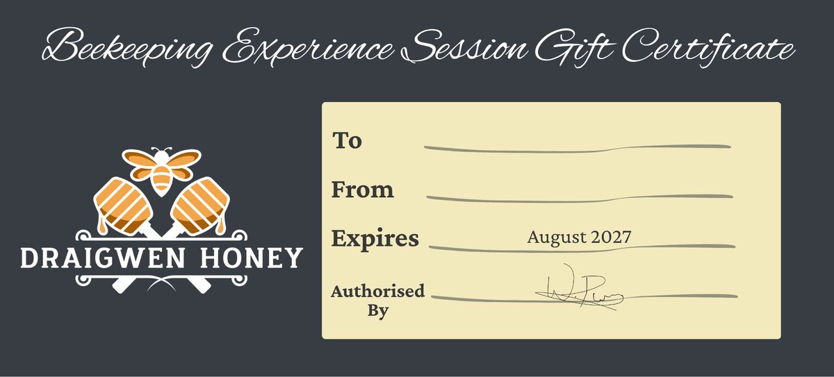 black gift voucher for a beekeeping experience in south wales with draigwen honey
