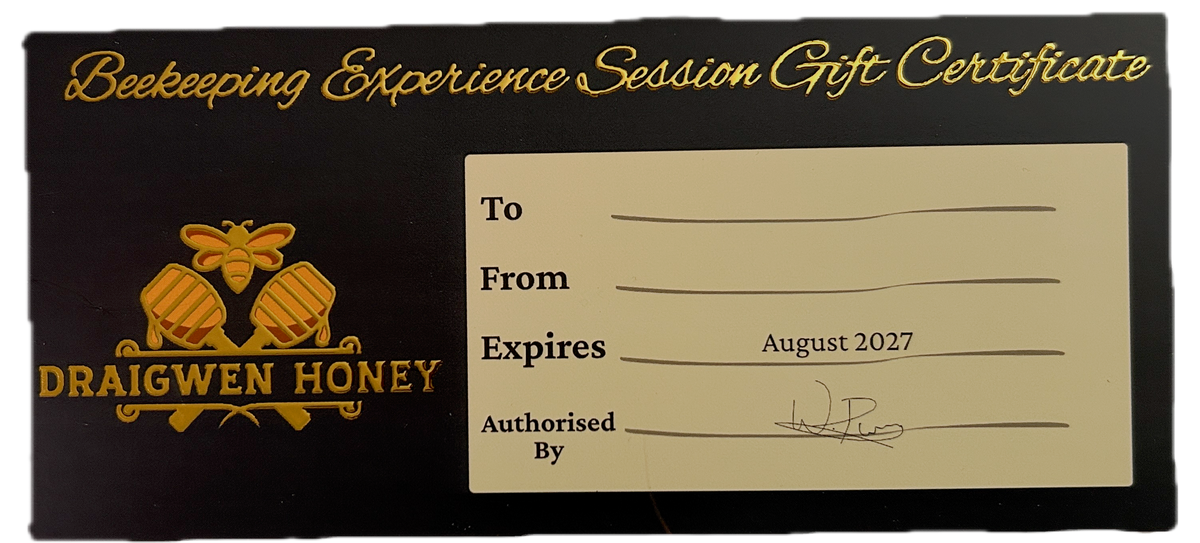 a black draigwen honey beekeeping experience gift certificate with gold lettering