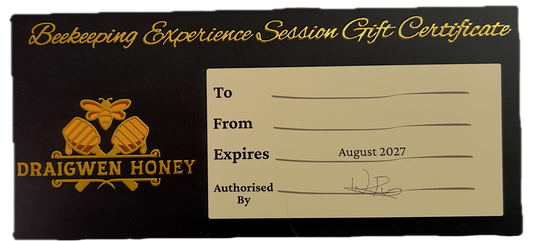 a black draigwen honey beekeeping experience gift certificate with gold lettering