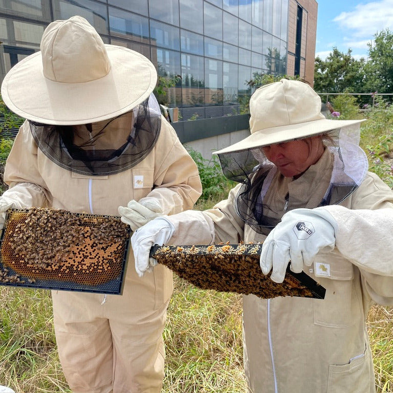 mother and daughter holding frames of bees learning beekeeping skills