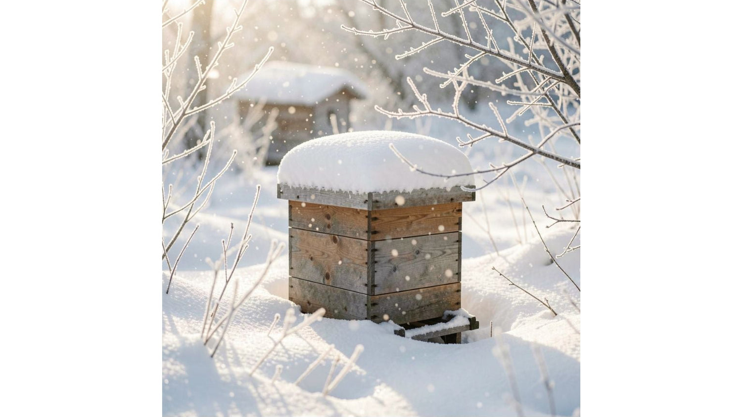 a wooden bee hive in south wales covered in snow, prepared and ready for the winter
